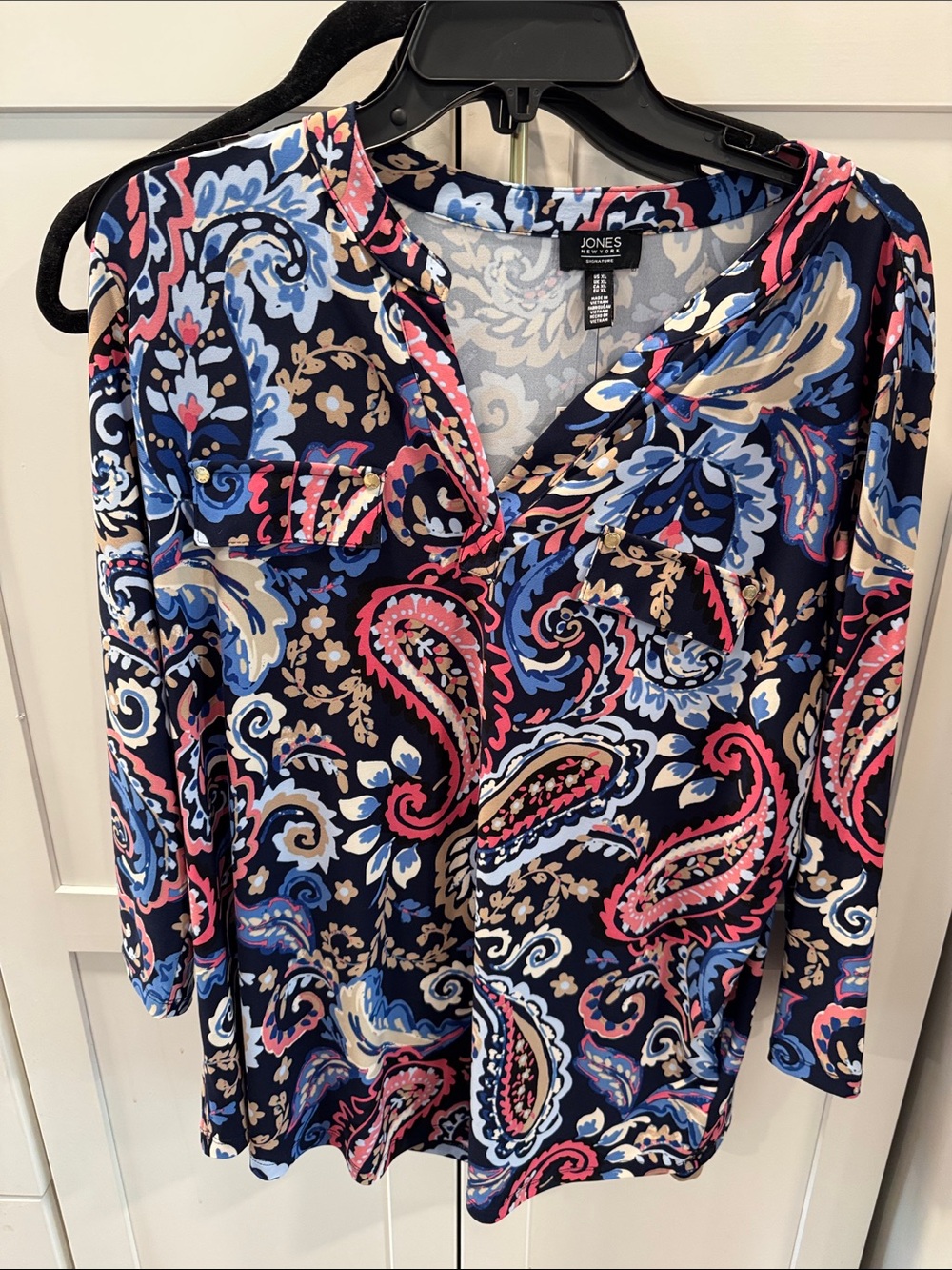 Jones New York Navy Paisley Split-Neck Blouse with Pink and Blue Accents